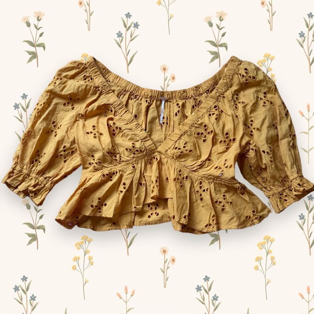 Free People Eyelet Cottagecore Gardenia Top Puff Sleeves Golden Girl Small